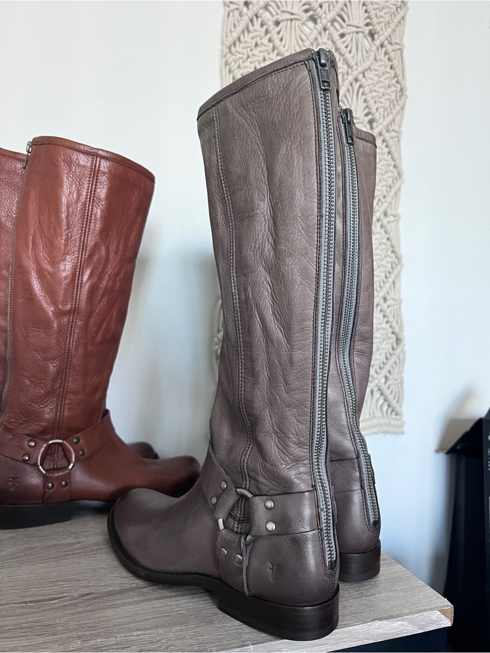 FRYE PHILLIP HARNESS TALL BOOTS — GREY / TAUPE 🤍